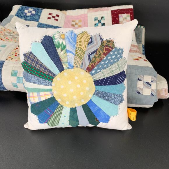 Handmade Pillow Quilted Small 8" Accent Blue Green Yellow Dresden Plate Pieced - Picture 7 of 10